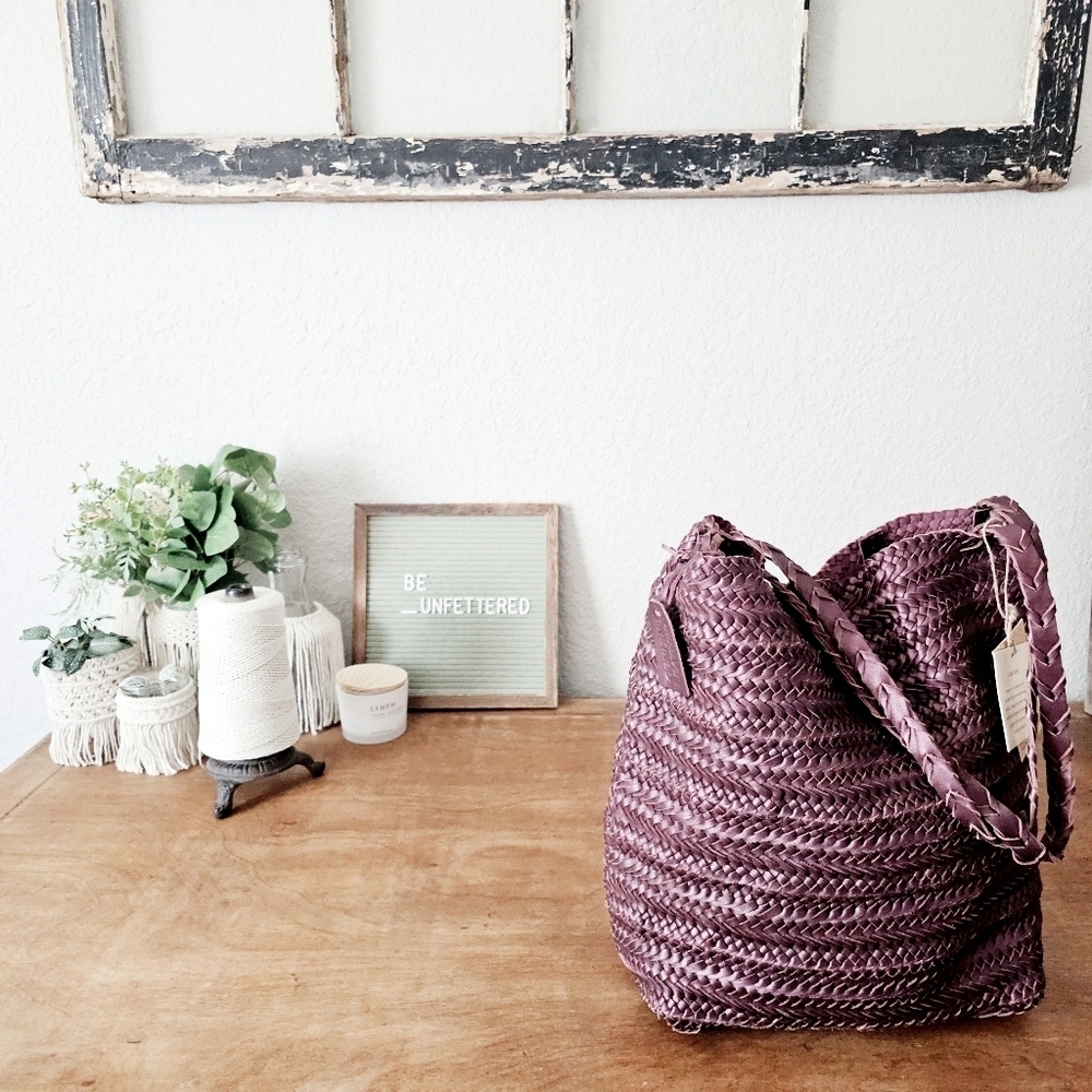Handcrafted In India Braided Woven Leather Tote Bag Shoulder Purse Purple NWT - Picture 13 of 14
